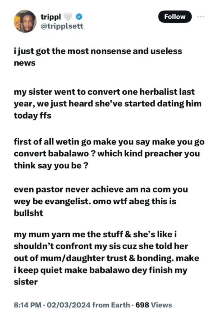 [JUST IN] Nigerian Man Embittered As Sister Dates ‘Babalawo’ She Converted Into Christianity